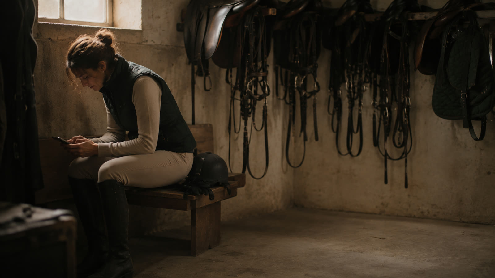 A rider sitting in the tack room with her phone, her helmet and gloves untouched beside her.