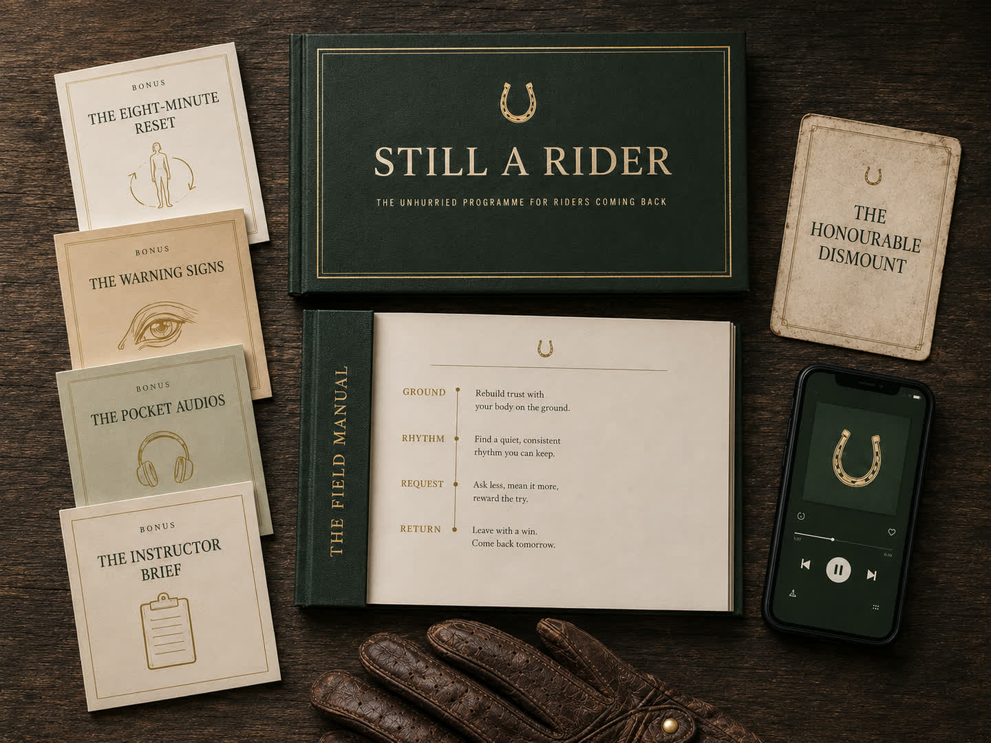 The programme, the Field Manual open, the four bonus booklets, the Honourable Dismount card and the audios on a phone, laid out on a dark oak table.