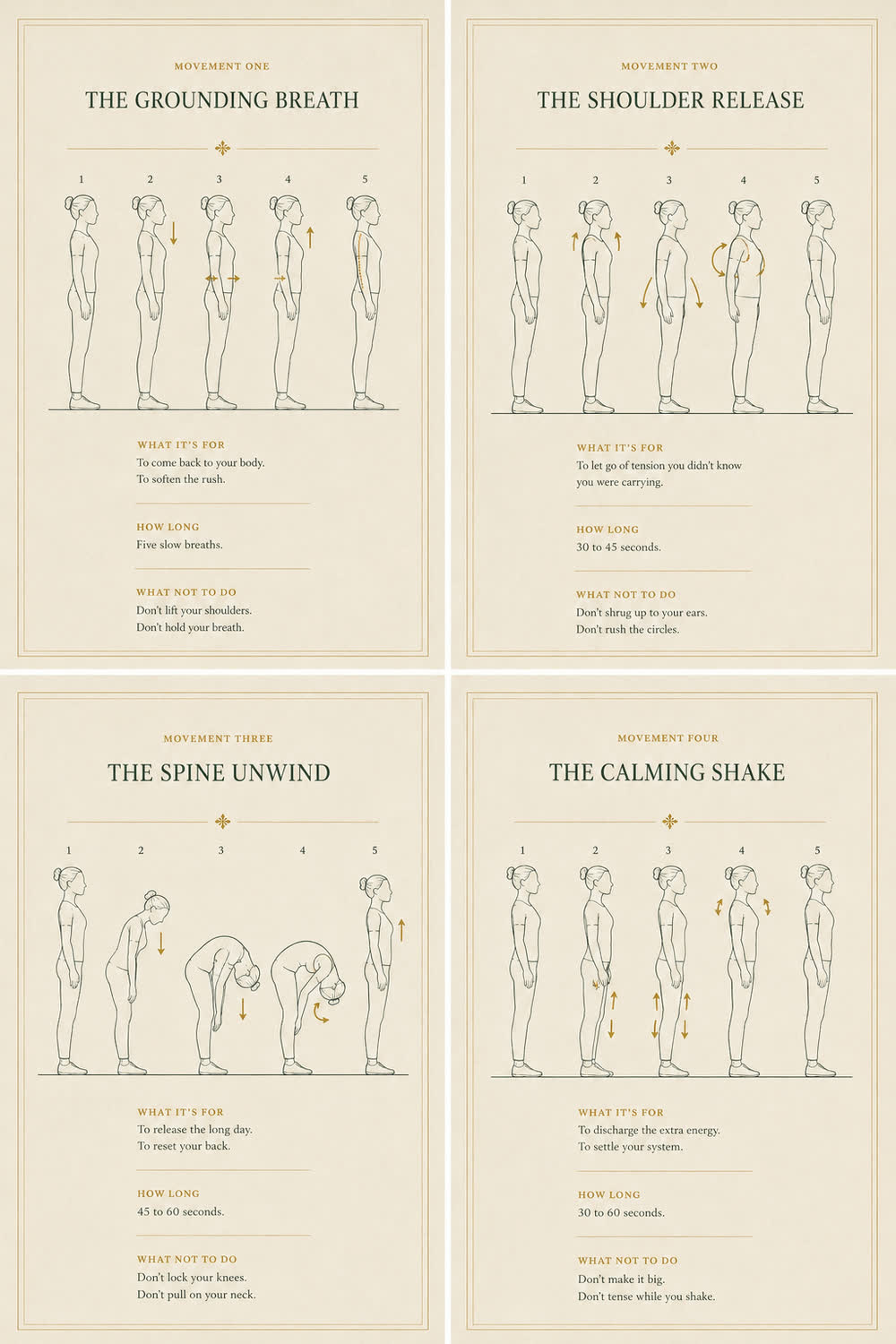 Four of the sixteen illustrated plates of the Eight-Minute Reset: the grounding breath, the shoulder release, the spine unwind and the calming shake.