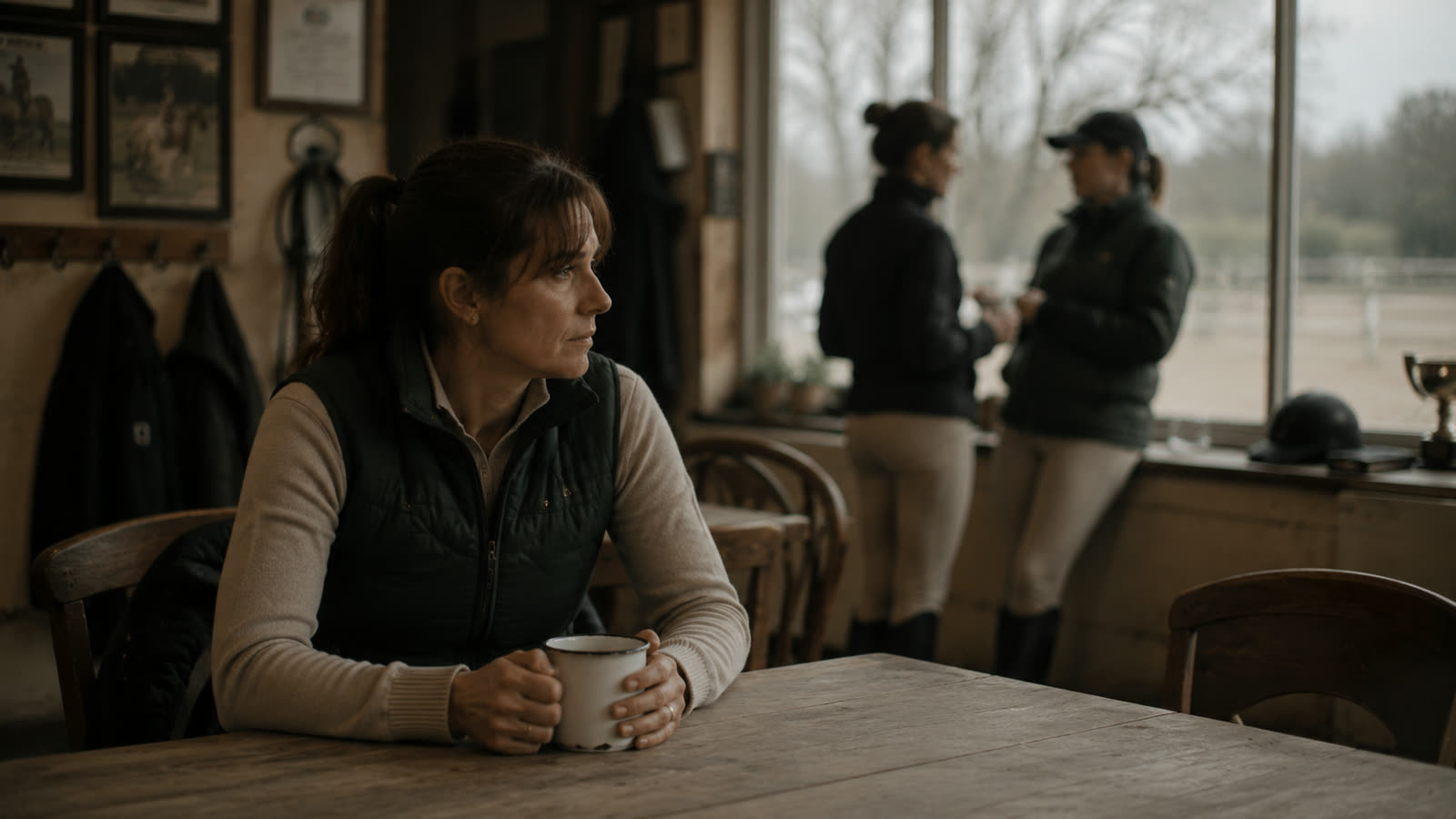 A rider sitting alone with a mug at a yard table while two other riders talk in the background.